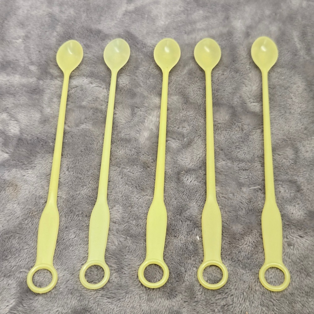 Tupperware Vintage Yellow Long Handle Soda Spoons Set of 5 Iced Tea Stirrers 8"